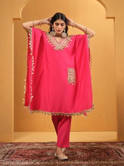 ISHIN - Women Pink Silk Embellished Kaftan Kurta with Pant