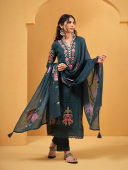 ISHIN - Women Teal Cotton Embroidered Kurta with Pant and Dupatta