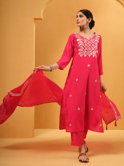 ISHIN - Women Red Silk Embellished Kurta with Pant and Dupatta