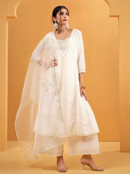 ISHIN - Women White Cotton Solid Kurta with Palazzo and Dupatta