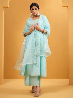 ISHIN - Women Blue Cotton Solid Kurta with Palazzo and Dupatta