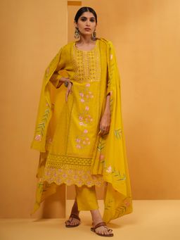ISHIN - Women Yellow Cotton Embroidered Kurta with Pant and Dupatta