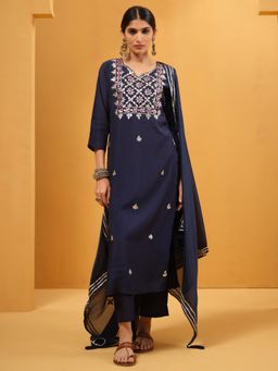 ISHIN - Women Blue Viscose Embellished Kurta with Pant and Dupatta