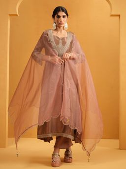 ISHIN - Women Brown Silk Blend Embroidered Kurta with Pant and Dupatta
