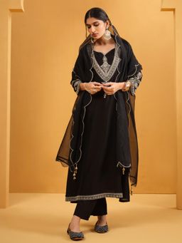 ISHIN - Women Black Silk Blend Embroidered Kurta with Pant and Dupatta