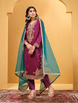 ISHIN - Women Wine Silk Blend Embroidered Kurta with Pant and Dupatta