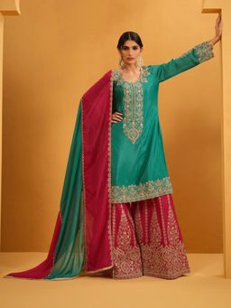 ISHIN - Women Green Chinon Embroidered Kurta with Sharara and Dupatta