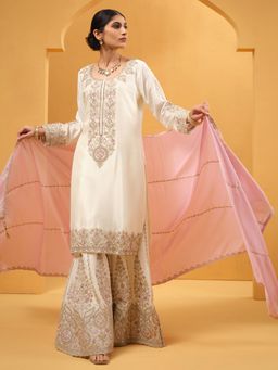 ISHIN - Women Off White Chinon Embroidered Kurta with Sharara and Dupatta