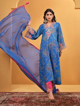 ISHIN - Women Blue Cotton Floral Kurta with Pant and Dupatta