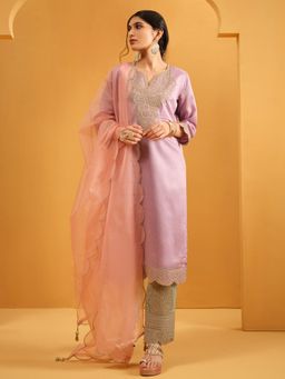 ISHIN - Women Lavender Silk Blend Embroidered Kurta with Pant and Dupatta
