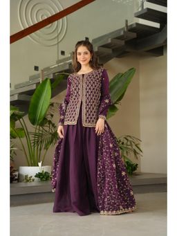 JATRIQQ - Women Purple Silk Embroidered Kurti with Sharara and Dupatta