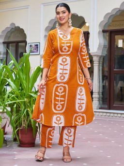 KAFTANIZE - Women Orange Cotton Blend Floral Co-Ord Set