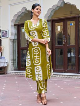 KAFTANIZE - Women Olive Cotton Blend Floral Co-Ord Set