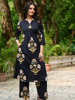 KAFTANIZE - Women Black Cotton Blend Floral Co-Ord Set