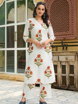 KAFTANIZE - Women White Cotton Blend Floral Co-Ord Set