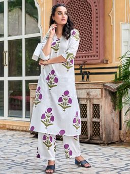 KAFTANIZE - Women White Cotton Blend Floral Co-Ord Set