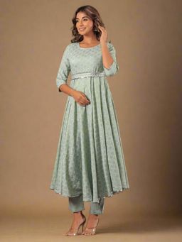 Kasya - Women Green Rayon Geometric Anarkali Kurta with Pant and Belt