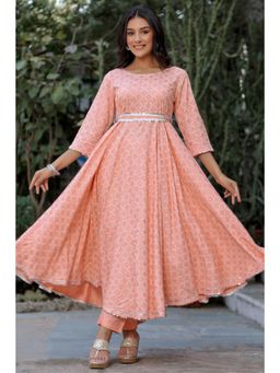 Kasya - Women Peach Rayon Geometric Anarkali Kurta with Pant and Belt