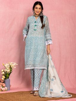 Kasya - Women Blue Chanderi Floral Kurta with Pant and Dupatta
