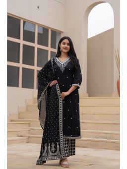 Juniper - Women Black Cotton Embroidered Kurta with Pant and Dupatta