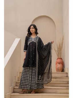 Juniper - Women Black Cotton Embroidered Kurta with Pant and Dupatta