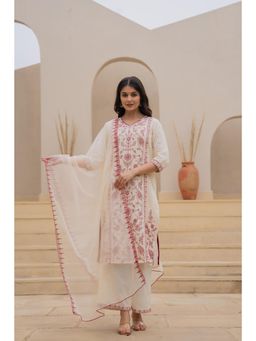 Juniper - Women Red Cotton Floral Kurta with Pant and Dupatta