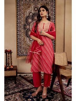 Juniper - Women Red Chanderi Stripes Kurta with Pant and Dupatta