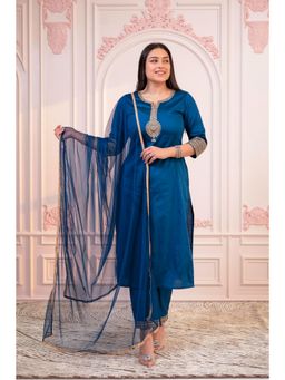 Juniper - Women Blue Viscose Embroidered Kurta with Pant and Dupatta