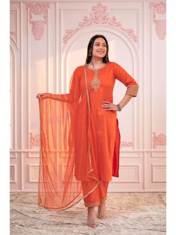 Juniper - Women Orange Viscose Embroidered Kurta with Pant and Dupatta