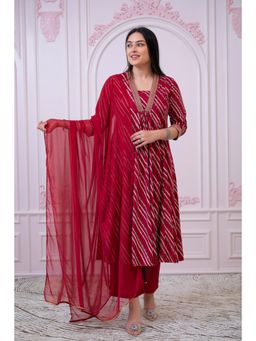 Juniper - Women Maroon Viscose Stripes Angarkha Kurta with Pant and Dupatta
