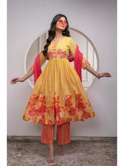 Juniper - Women Mustard Cotton Floral Anarkali Kurta with Pant and Dupatta