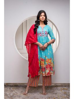 Juniper - Women Blue Cotton Floral Anarkali Kurta with Pant and Dupatta