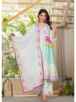 Juniper - Women Green Cotton Stripes Anarkali Kurta with Pant and Dupatta