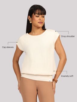 Blissclub - Women Off White Round Neck Solid Regular Fit Top