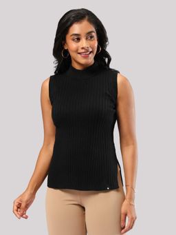 Blissclub - Women Black High Neck Solid Regular Fit Top