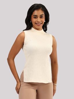 Blissclub - Women Off White High Neck Solid Regular Fit Top