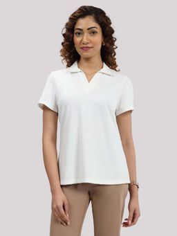 Blissclub - Women White Collar Neck Solid Regular Fit Polo T-Shirt