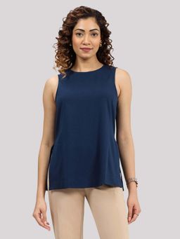 Blissclub - Women Navy Blue Round Neck Solid Regular Fit Top