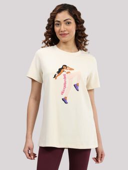 Blissclub - Women Beige Round Neck Graphic Regular Fit T-Shirt