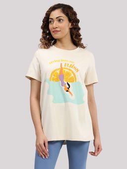 Blissclub - Women Beige Round Neck Graphic Regular Fit T-Shirt