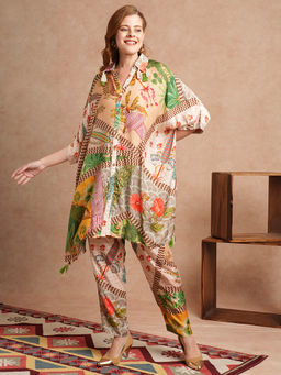 FASHOR - Multi-Color Ethnic Floral Printed Kaftan Kurta with Pant (Set of 2)