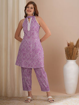 FASHOR - Purple Ethnic Printed Straight Fit Kurta with Pant (Set of 2)