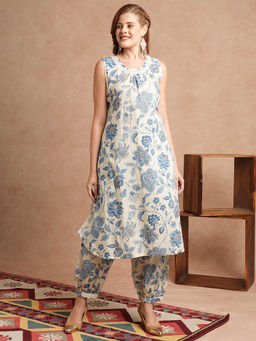 FASHOR - Off White Ethnic Floral Foil Printed Straight Fit Kurta with Salwar (Set of 2)