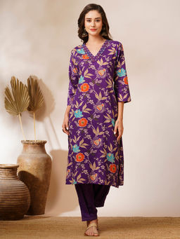 FASHOR - Purple Floral Printed Embroidered Straight Fit Kurta with Salwar (Set of 2)