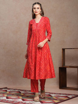FASHOR - Red Ethnic Bandhani Foil Printed A-Line Kurta with Pant (Set of 2)