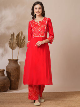 FASHOR - Red Embroidered Bandhni Printed Straight Fit Kurta with Palazzo (Set of 2)