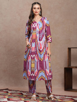 FASHOR - Purple Abstract Ethnic Ikat Printed A-Line Kurta with Pant (Set of 2)