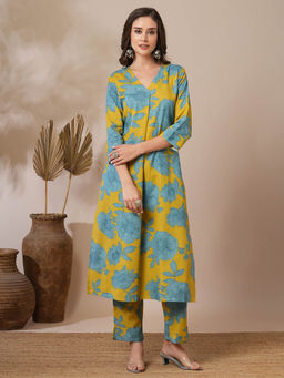 FASHOR - Yellow Floral Printed Straight Fit Kurta with Pant (Set of 2)