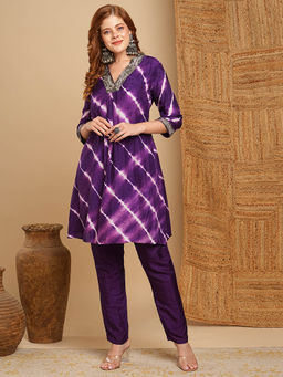 FASHOR - Purple Tie-Dyed Ethnic Embroidered A-Line Kurta with Pant (Set of 2)