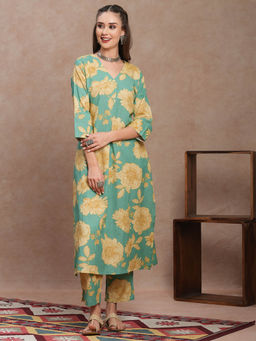 FASHOR - Green Floral Printed Straight Fit Kurta with Pant (Set of 2)